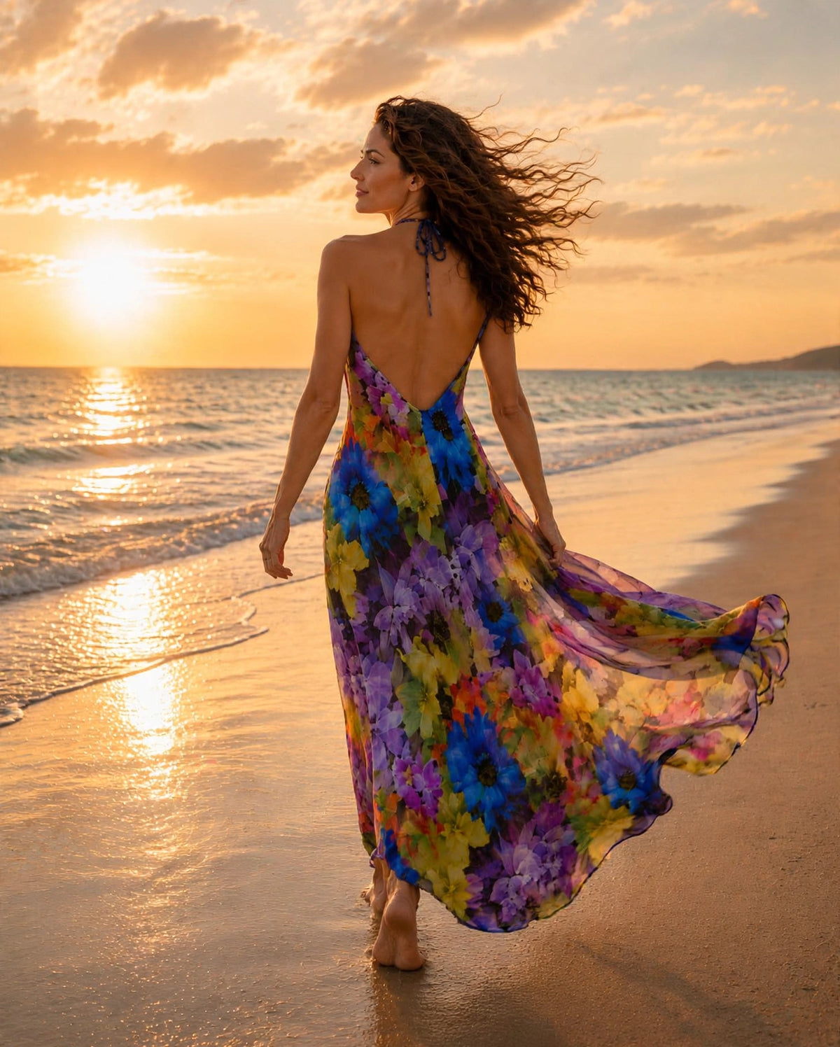 Sunset Daisies Silk Halter Dress