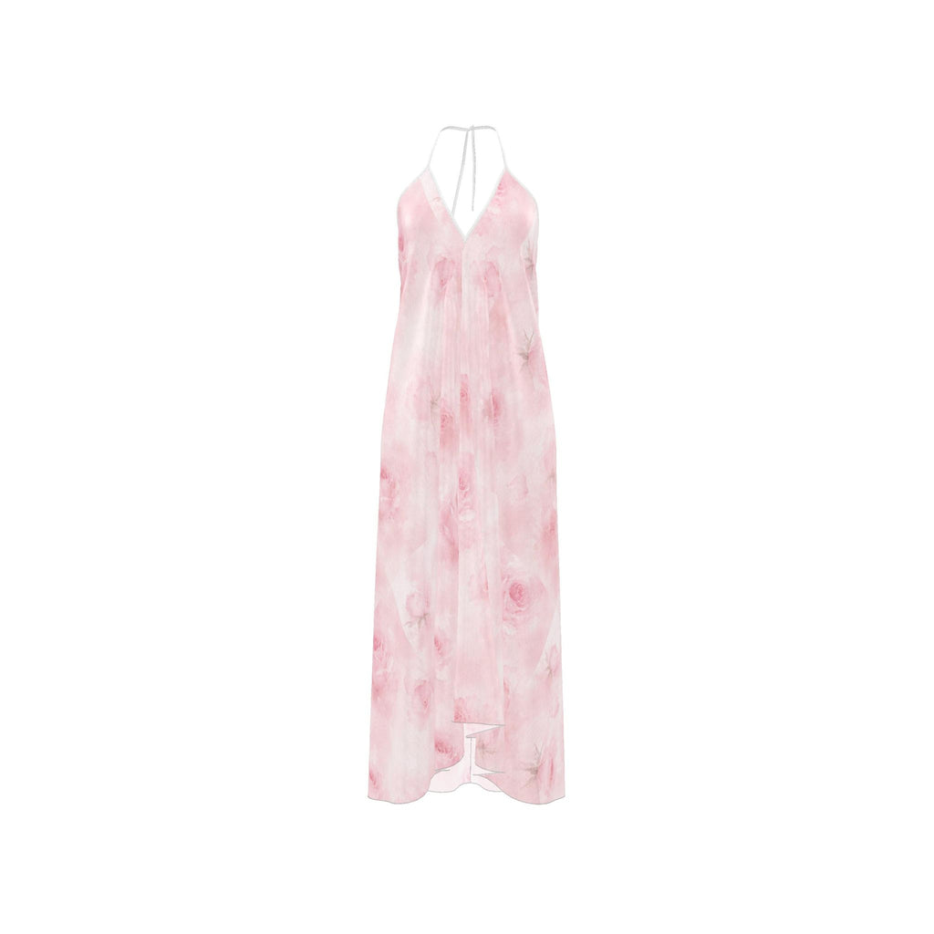 Pink Rose Silk Halter Backless Dress