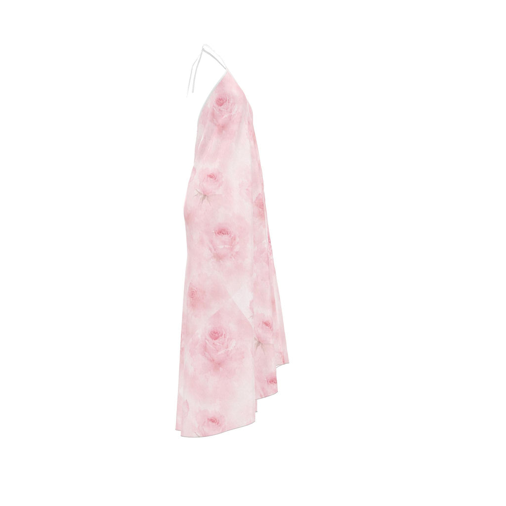 Pink Rose Silk Halter Backless Dress