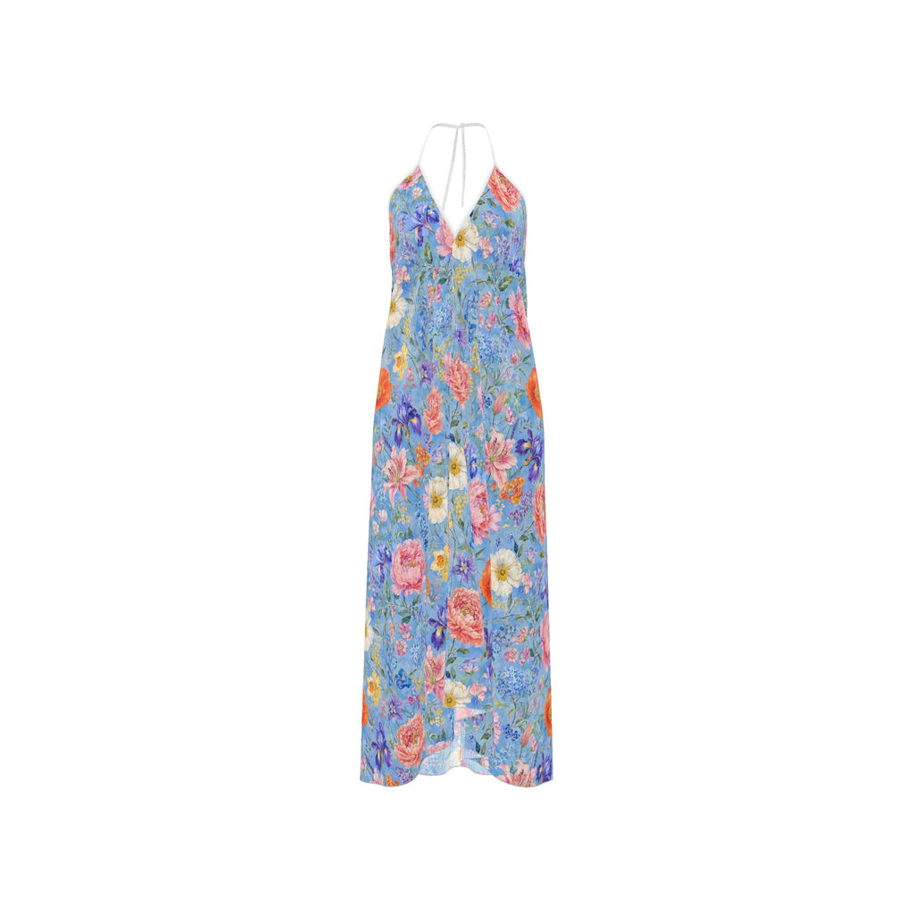 Blue Garden Silk Halterneck backless dress