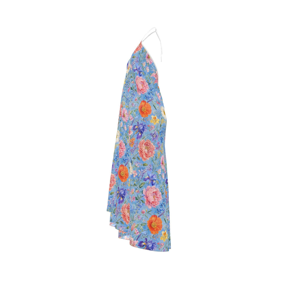 Blue Garden Silk Halterneck backless dress