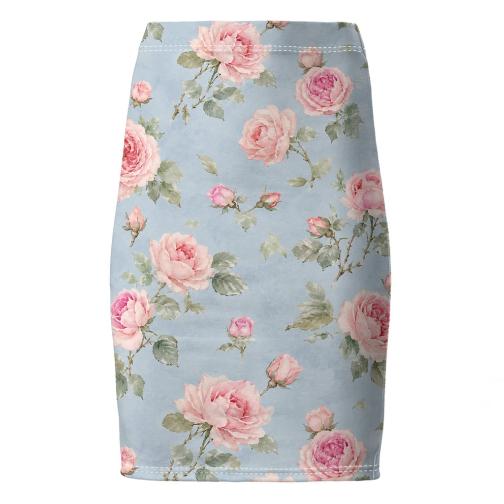 Powder Blue Rose Pencil Skirt